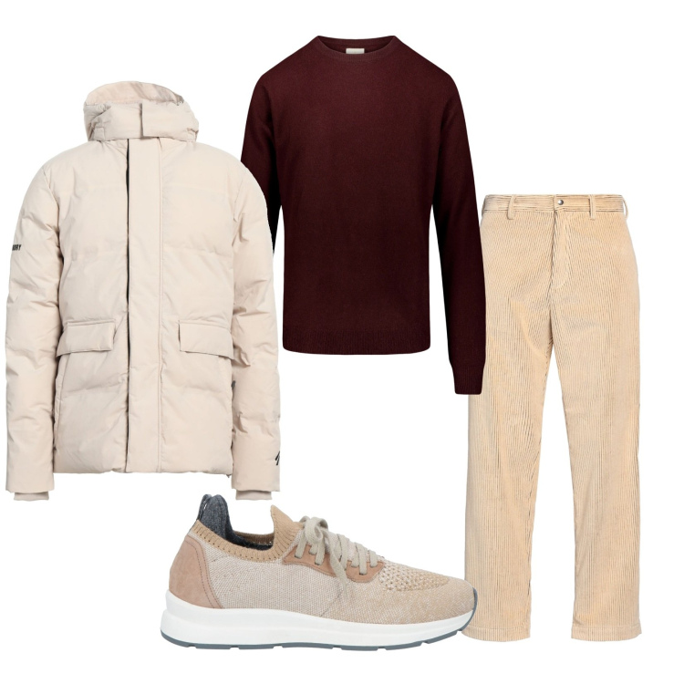 Outfit uomo - Crema e amarena. Stile Casual per Tutti i giorni. Abbinamento con piumini, pantaloni, sneakers, maglieria.