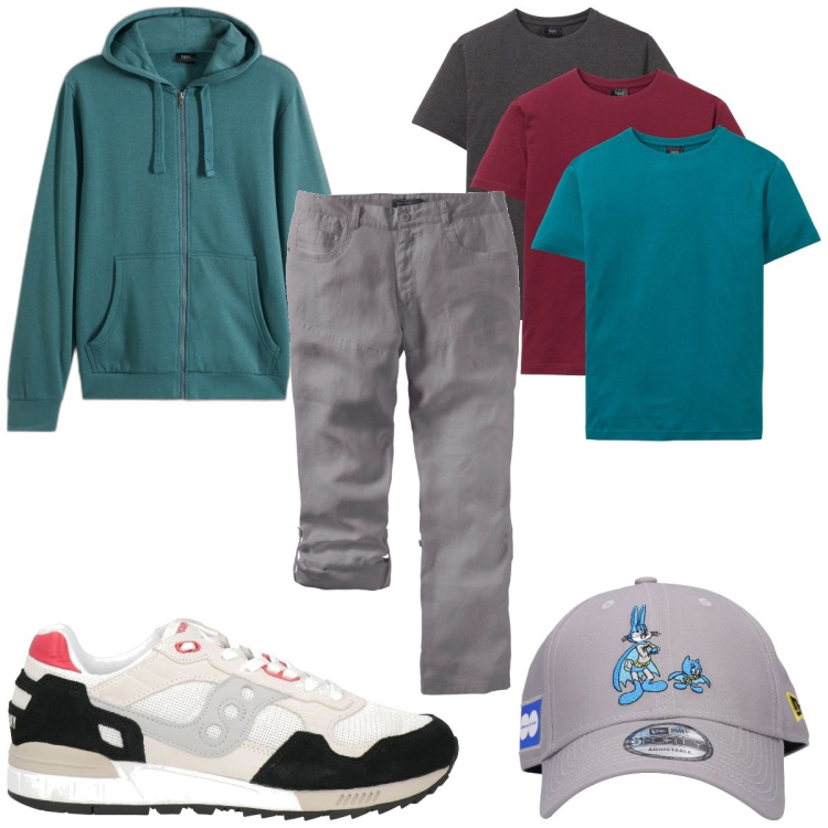 Outfit uomo - Total look #1808266. Stile Casual per Tutti i giorni. Abbinamento con t-shirt, pantaloni, felpe con cappuccio, sneakers, cappelli.