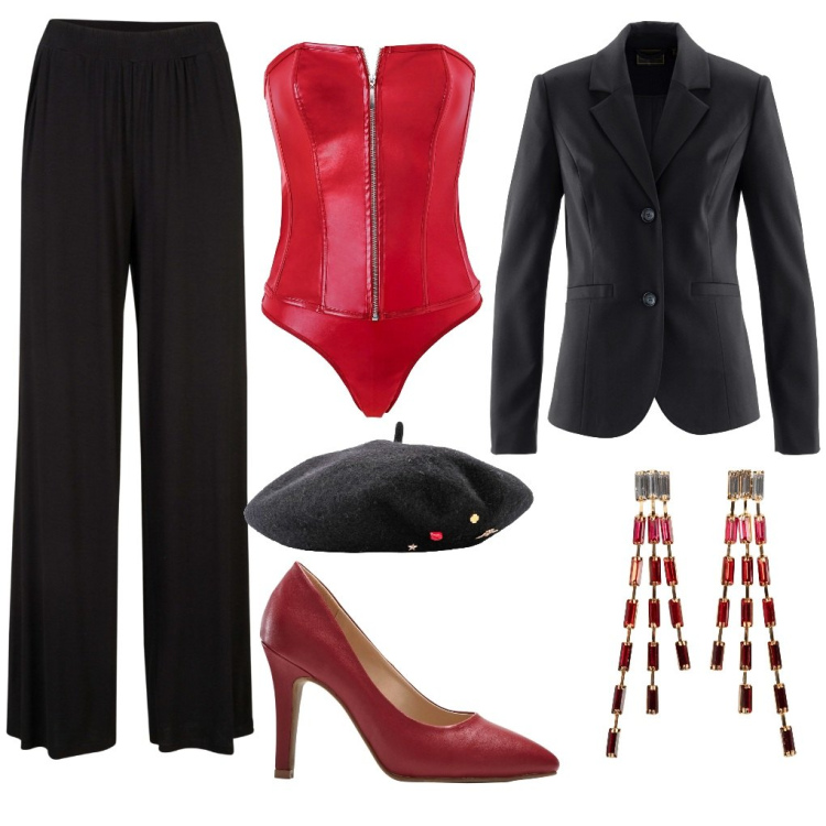 Outfit donna - Sexy body. Stile Sexy per Serata fuori. Abbinamento con pantaloni, orecchini, cappelli e berretti, body, blazer, décolleté.