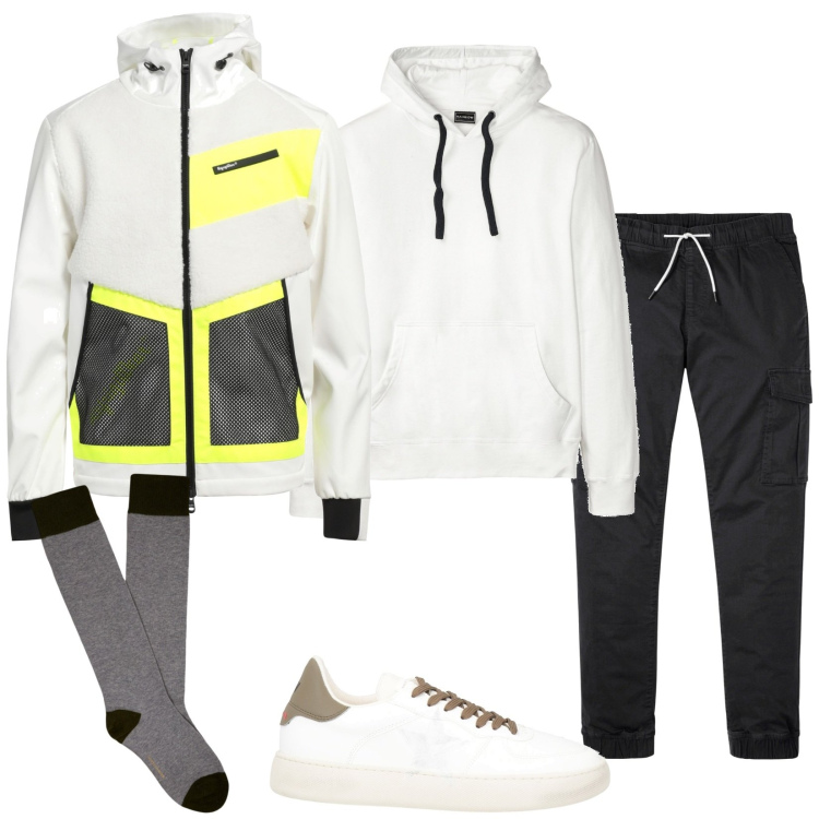 Outfit uomo - Sporty day. Stile Casual per Sport. Abbinamento con felpe con cappuccio, pantaloni cargo, sneakers, cappotti, calzini.