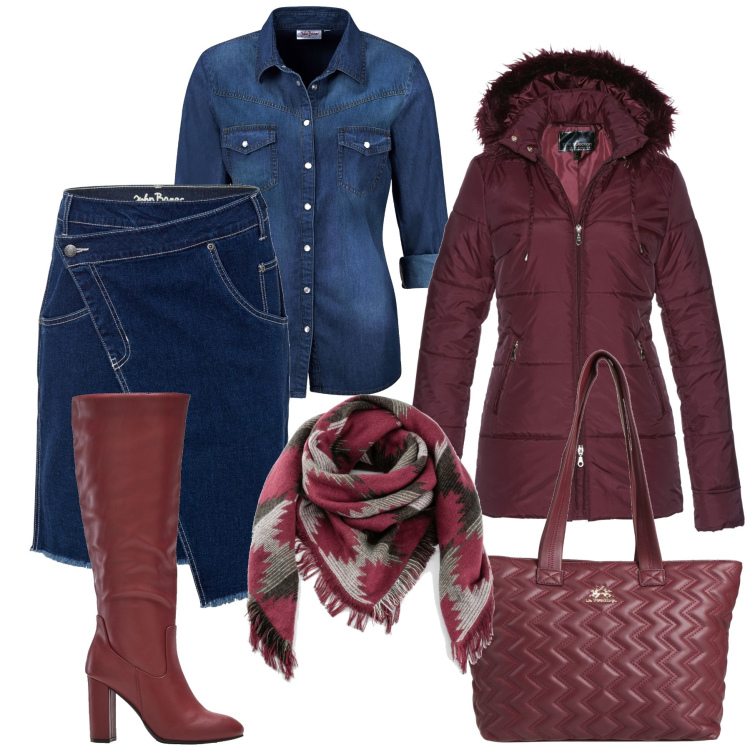 Outfit donna - La gonna di jeans asimmetrica. Stile Trendy per Tutti i giorni. Abbinamento con borse a spalla, camicie, gonne, cappotti, stivali sopra il ginocchio, foulard.