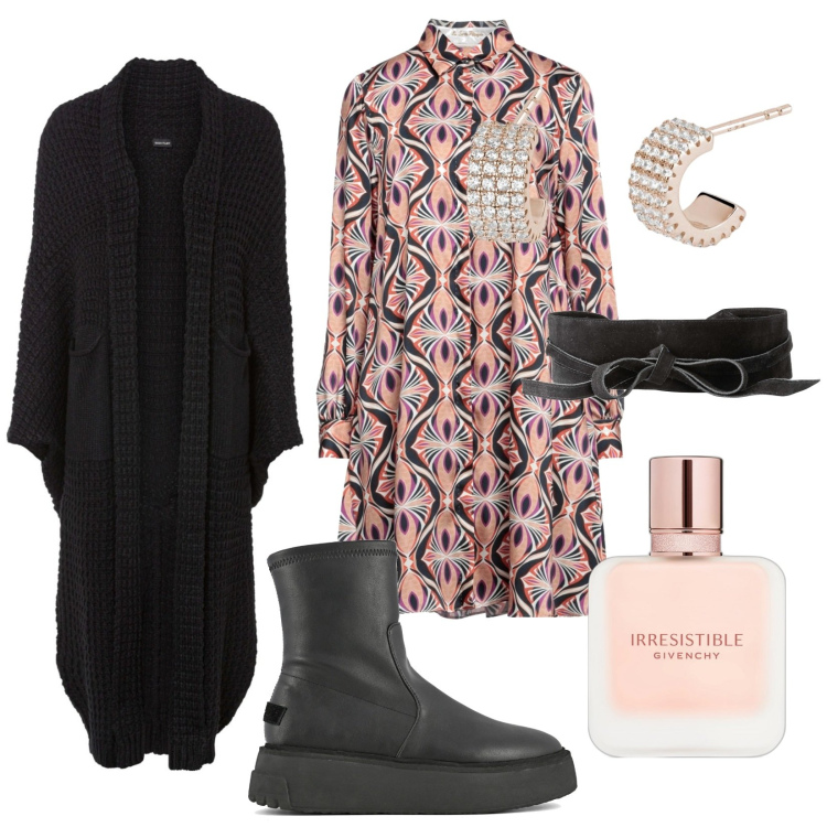 Outfit donna - Total look #1808305. Stile Trendy per Tutti i giorni. Abbinamento con cardigans, cinture, vestiti corti, profumi, orecchini, stivaletti.