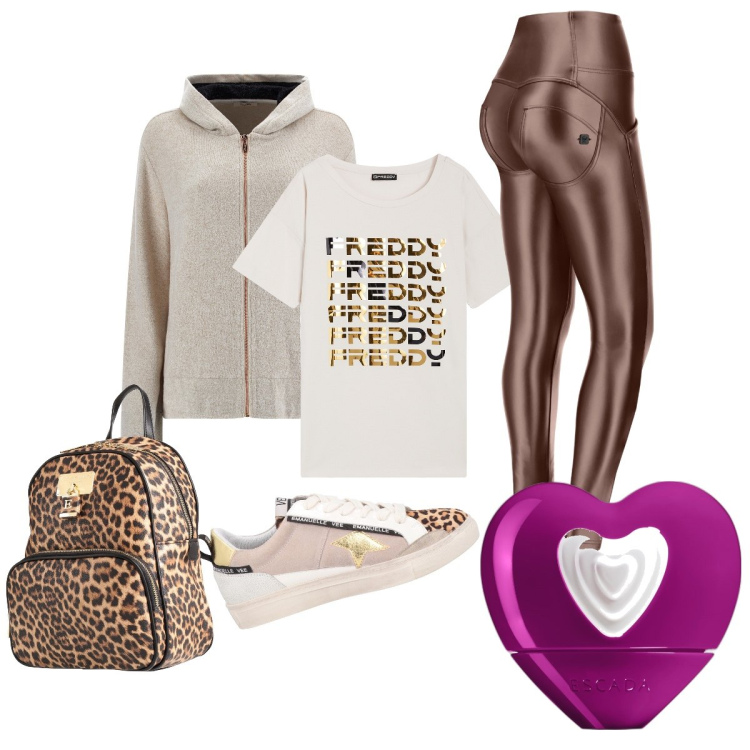 Outfit donna - Total look #1808311. Stile Sporty chic per Tutti i giorni. Abbinamento con sneakers, zaini, profumi, pantaloni skinny, maglieria, t-shirt.