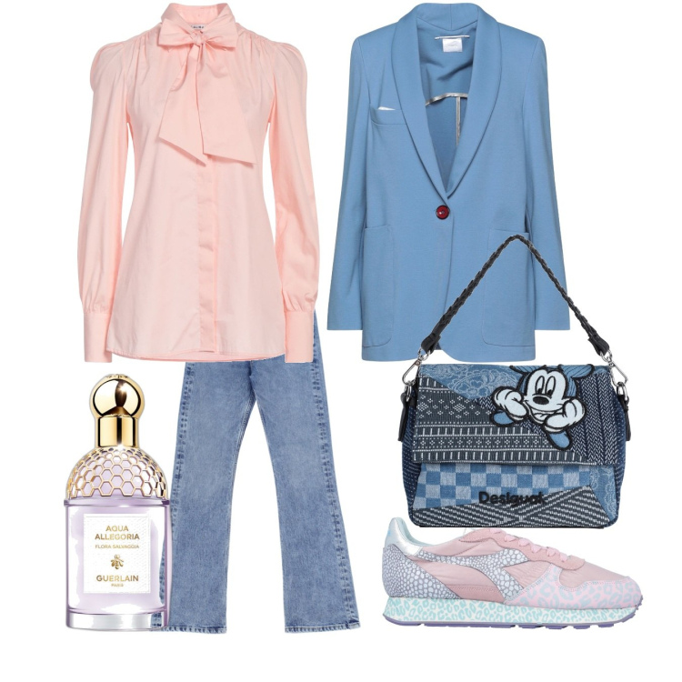 Outfit donna - La camicia romantica. Stile Casual chic per Ufficio. Abbinamento con camicie, sneakers, blazer, borse a mano, profumi, jeans dritti.