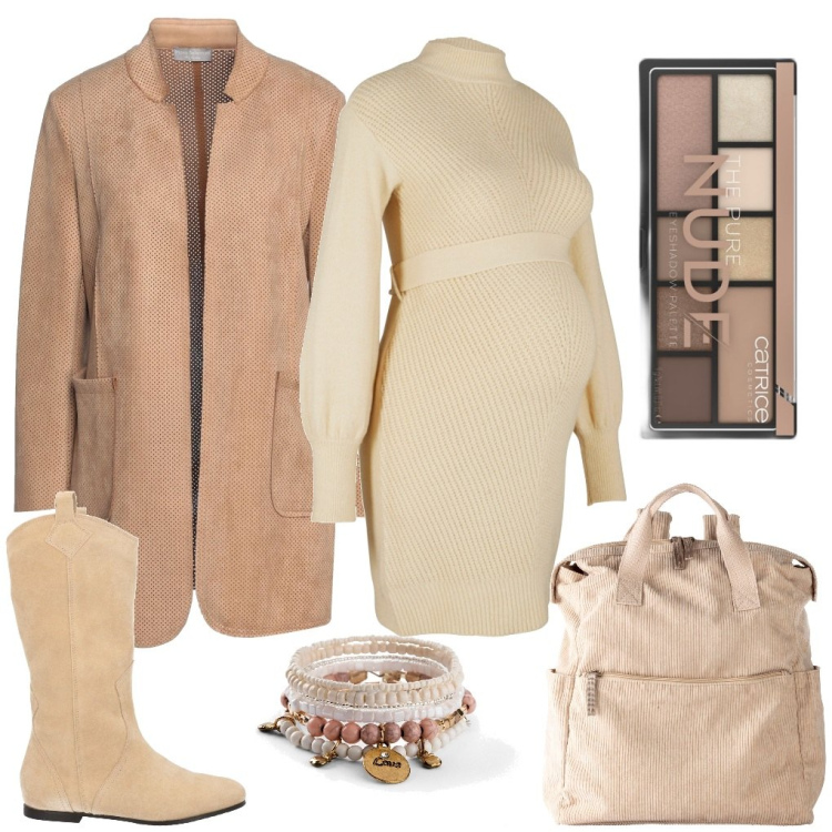 Outfit donna - Effetto scamosciato. Stile Casual chic per Tutti i giorni. look ideale per Premaman. Abbinamento con braccialetti, vestiti, zaini, cappotti, stivali sopra il ginocchio, ombretti.