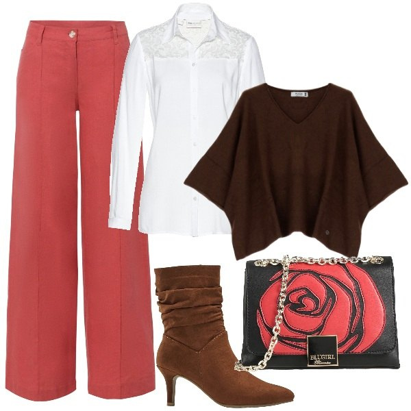 Outfit donna - Pantaloni larghi. Stile Trendy per Ufficio. Abbinamento con pantaloni a palazzo, camicie, stivaletti, borse a tracolla, maglieria.