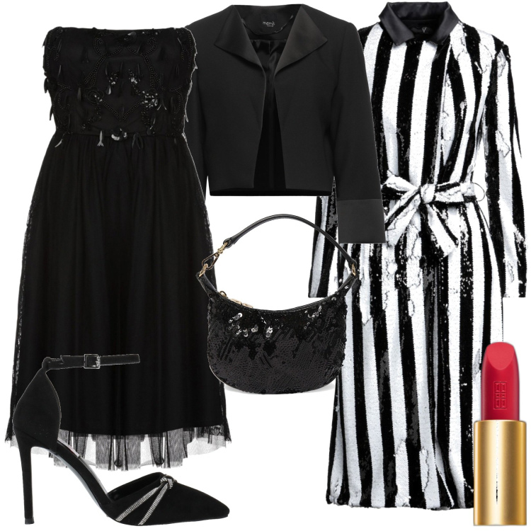 Outfit donna - Total look #1808356. Stile Trendy per Serata fuori. Abbinamento con vestiti corti, cappotti, blazer, décolleté, rossetti, pochette.