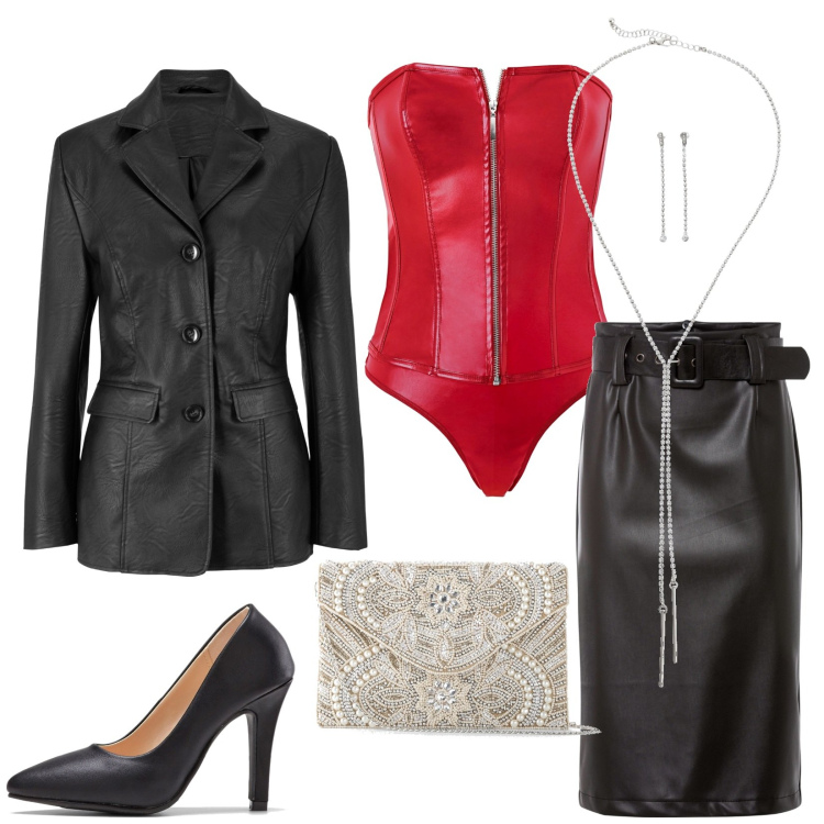 Outfit donna - Total look #1808358. Stile Sexy per Serata fuori. look ideale per Tall. Abbinamento con blazer, pochette, body, gonne longuette, décolleté, collane.