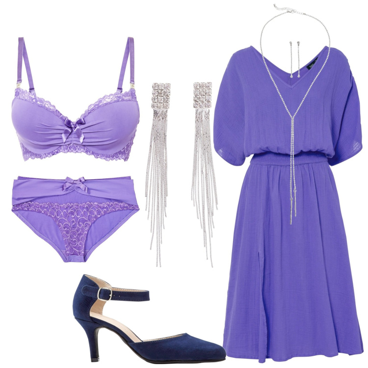 Outfit donna - Completo intimo Lilla. Stile Romantica per Serata fuori. look ideale per Petite. Abbinamento con orecchini, décolleté, vestiti, collane, reggiseni, culotte.