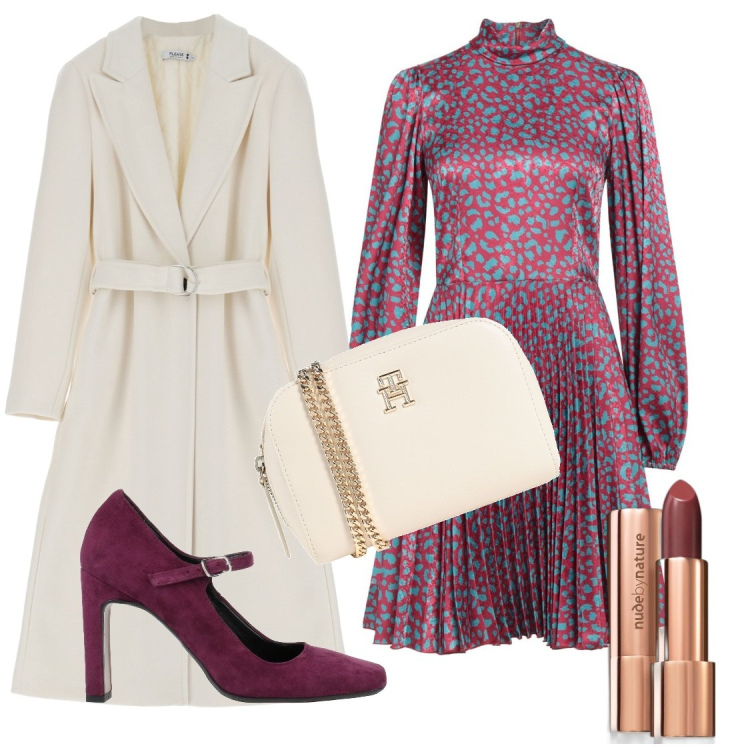 Outfit donna - Aperitivo dopo il lavoro. Stile Glamour per Serata fuori. Abbinamento con vestiti corti, borse a tracolla, décolleté, rossetti, cappotti.