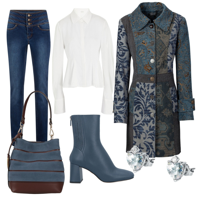 Outfit donna - Damascato. Stile Casual chic per Serata fuori. Abbinamento con cappotti, jeans slim fit, camicie, borse a secchiello, orecchini, stivaletti.