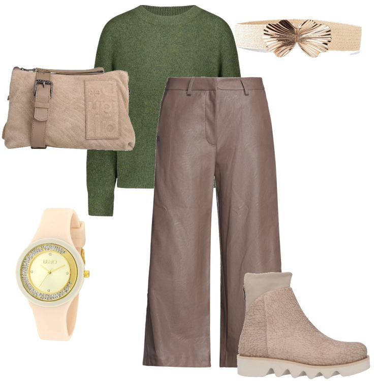 Outfit donna - Il pantalone in viscosa. Stile Trendy per Tutti i giorni. Abbinamento con cinture, pantaloni, stivaletti, borse a tracolla, orologi, maglieria.