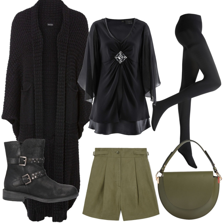 Outfit donna - Shorts. Stile Casual per Tutti i giorni. Abbinamento con tuniche, cardigans, collant, shorts, borse a mano, stivaletti.