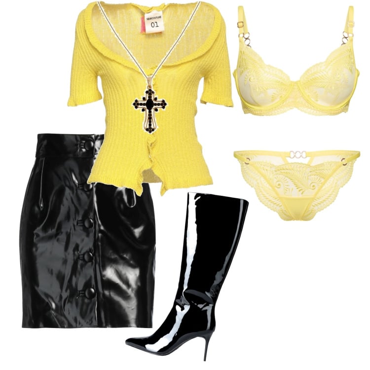 Outfit donna - ciondolo a forma di croce con perle. Stile Trendy per Serata fuori. Abbinamento con cardigans, minigonne, stivali sopra il ginocchio, ciondoli, slip, reggiseni.