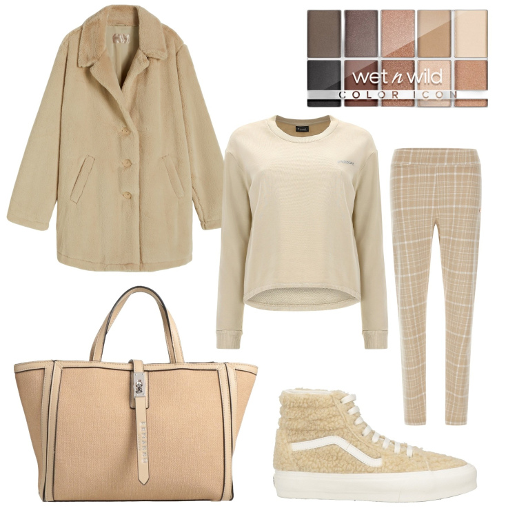 Outfit donna - Beige. Stile Sporty chic per Tutti i giorni. Abbinamento con borse a mano, sneakers alte, ombretti, cappotti, pantaloni, felpe.