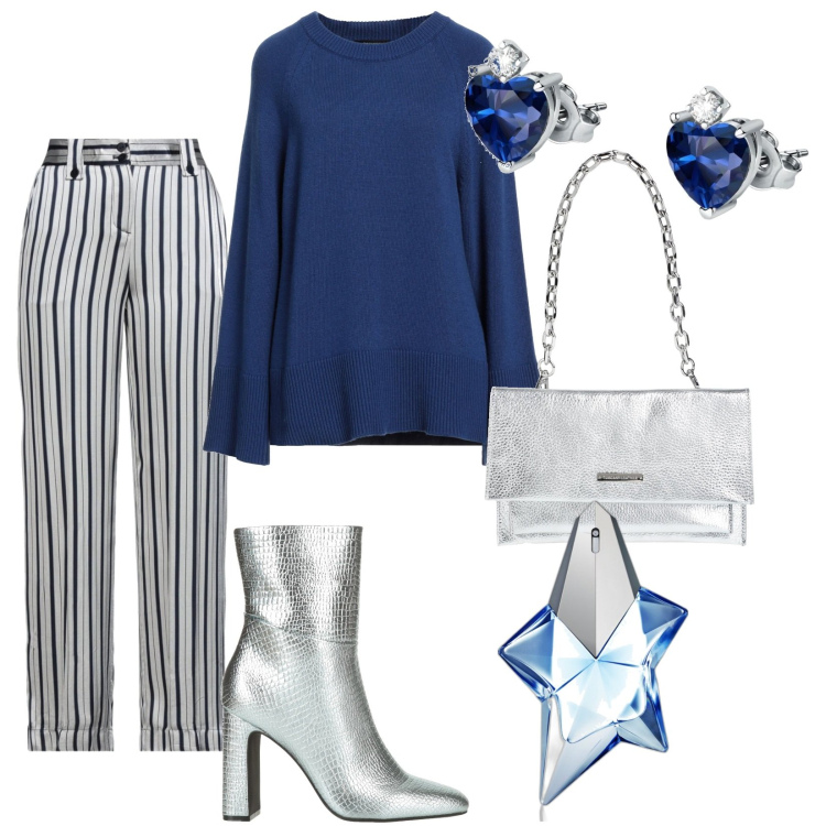 Outfit donna - Romanticamente silver. Stile Vintage retrò per Serata fuori. Abbinamento con pullovers, stivaletti, pantaloni, borse a mano, orecchini, profumi.
