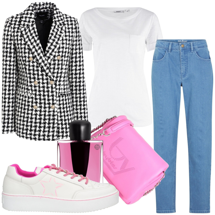 Outfit donna - Total look #1808437. Stile Casual per Tutti i giorni. Abbinamento con t-shirt, jeans mom, sneakers, borse a tracolla, blazer, profumi.