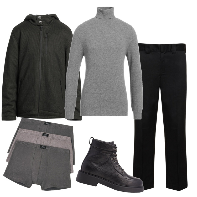 Outfit uomo - Total look #1808444. Stile Casual per Tutti i giorni. Abbinamento con boxer, cappotti, maglieria, stivali e stivaletti, pantaloni.