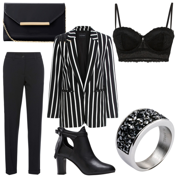 Outfit donna - Lingerie a vista. Stile Trendy per Serata fuori. Abbinamento con blazer, reggiseni a balconcino, pantaloni, anelli, stivaletti, pochette.