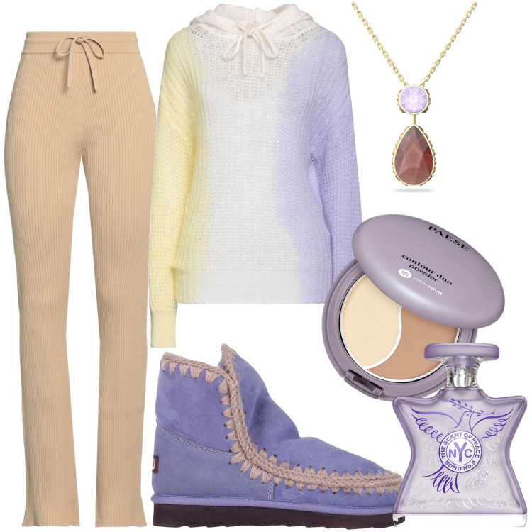 Outfit donna - note legnose e muschiate. Stile Basic per Tutti i giorni. Abbinamento con pullovers, stivaletti, pantaloni, collane, terre, profumi.