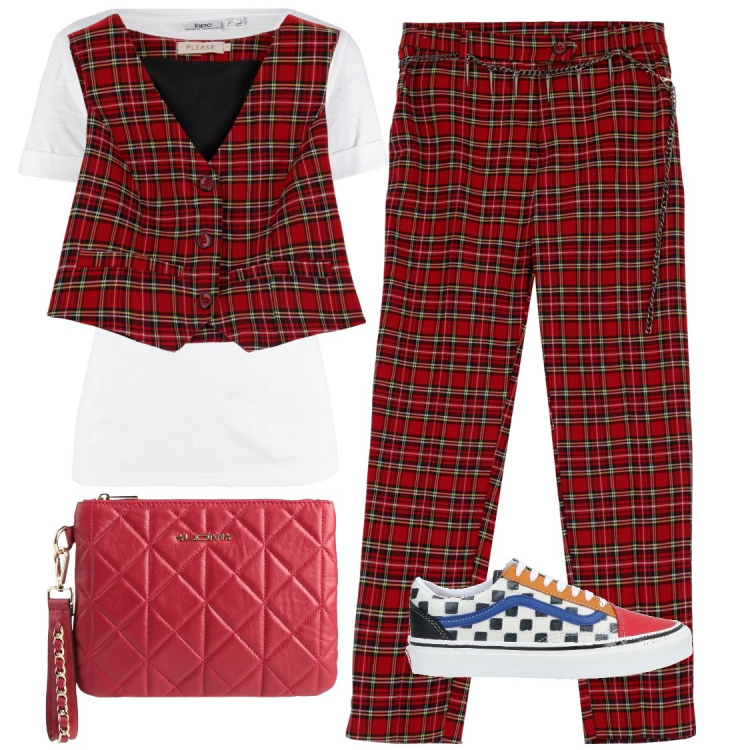 Outfit donna - Carnevale. Abbinamento con t-shirt, borse a mano, sneakers, gilet, pantaloni.