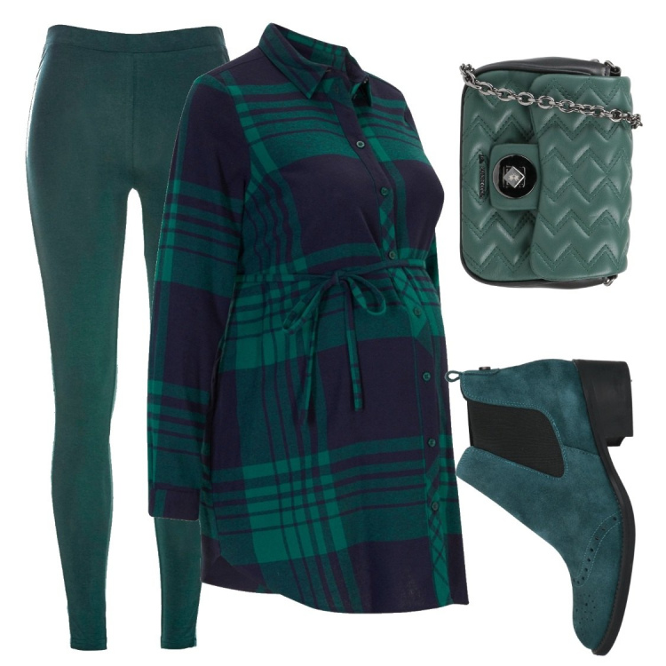 Outfit donna - Stato Interessante. Stile Basic per Tutti i giorni. look ideale per Premaman. Abbinamento con camicie, leggings, stivaletti chelsea, borse a tracolla.