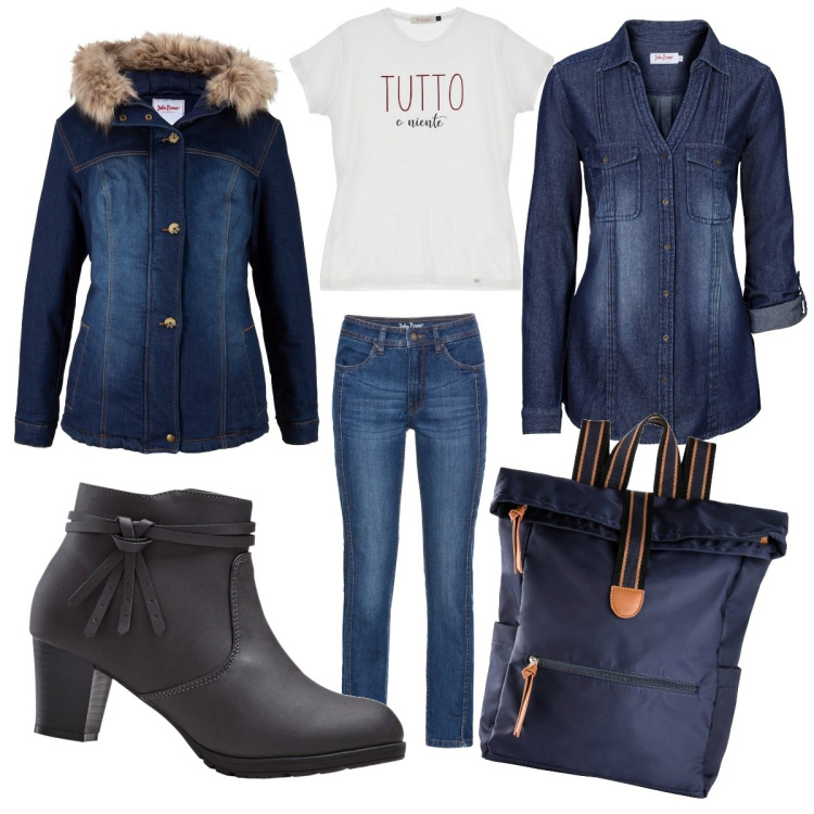 Outfit donna - I love denim. Stile Trendy per Tutti i giorni. Abbinamento con zaini, stivaletti, camicie, cappotti, jeans, t-shirt.