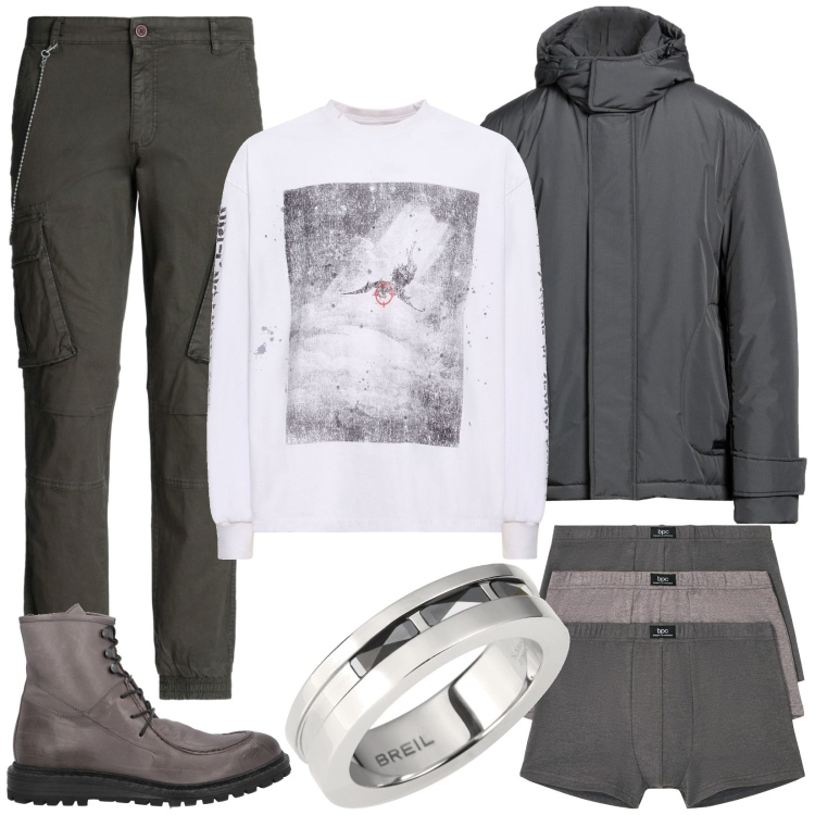 Outfit uomo - Una giornata uggiosa. Stile Urban per Tutti i giorni. Abbinamento con boxer, pantaloni cargo, stivali e stivaletti, anelli, giacche, t-shirt.