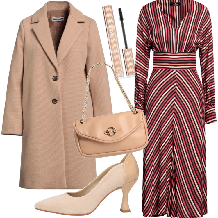 Outfit donna - Total look #1808483. Stile Casual chic per Ufficio. Abbinamento con cappotti, vestiti midi/longuette, décolleté, borse a spalla, mascara.