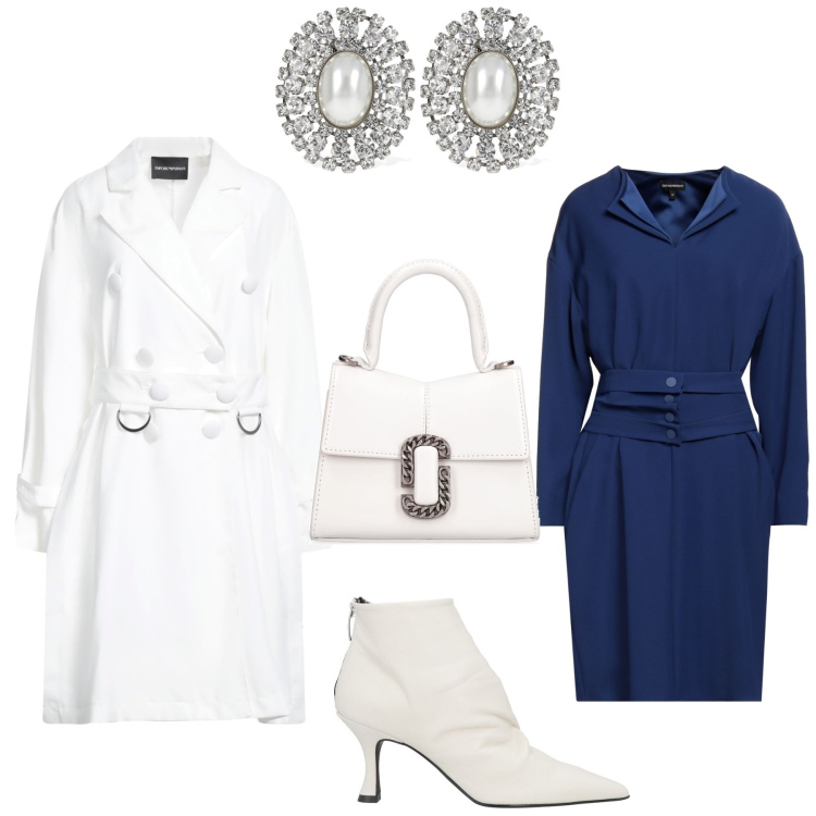 Outfit donna - Bianco e blu per cerimonia..... Stile Chic per Cerimonia. Abbinamento con stivaletti, vestiti corti, cappotti, borse a mano, orecchini.