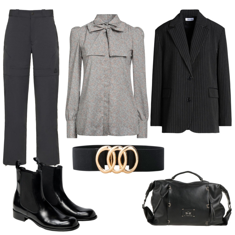 Outfit donna - Grigio. Stile Basic per Tutti i giorni. Abbinamento con cinture, camicie, borse a mano, blazer, pantaloni, stivaletti chelsea.