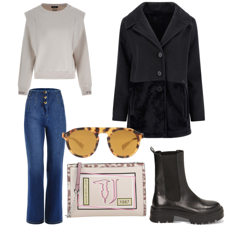 Outfit donna - Studio in biblioteca. Stile Urban per Scuola/Università. Abbinamento con borse a tracolla, occhiali da sole, cappotti, jeans, maglieria, stivaletti chelsea.