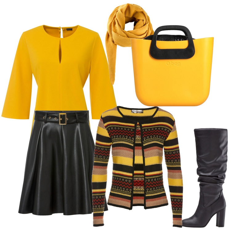 Outfit donna - Pranzo in giallo. Stile Trendy per Tutti i giorni. Abbinamento con foulard, cardigans, bluse, gonne, stivali sopra il ginocchio, borse a mano.