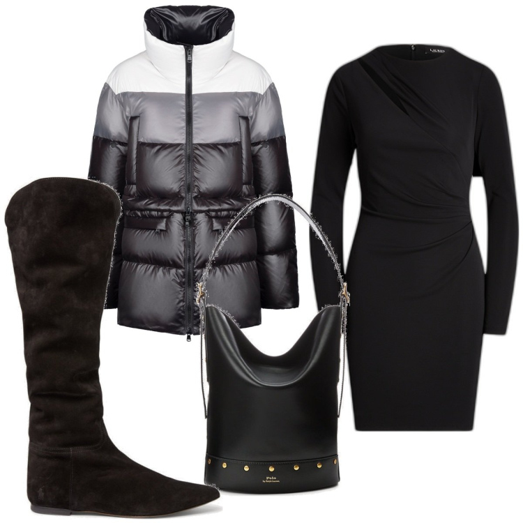 Outfit donna - Total look #1808530. Stile Basic per Tutti i giorni. Abbinamento con piumini, stivali sopra il ginocchio, vestiti, borse a secchiello.