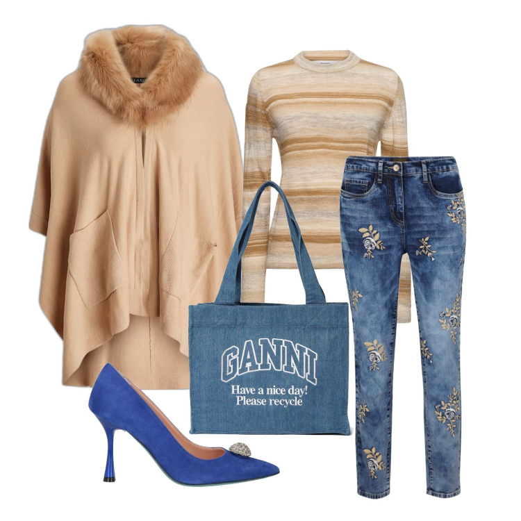 Outfit donna - Ghost outfitter - gennaio. Stile Trendy per Ufficio. Abbinamento con jeans, décolleté, cappe, maglieria, shopping bag.