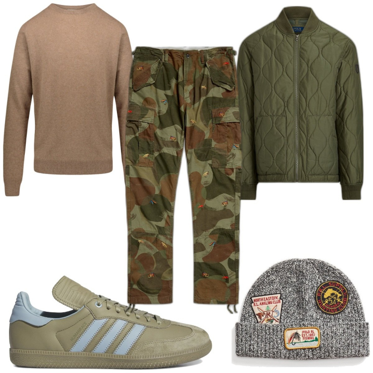 Outfit uomo - Total look #1808541. Stile Casual per Tutti i giorni. Abbinamento con bomber, pantaloni cargo, berretti, maglieria, sneakers alte.
