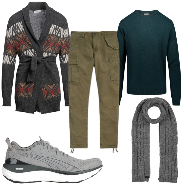 Outfit uomo - Total look #1808545. Stile Trendy per Tutti i giorni. Abbinamento con cardigans, sciarpe, sneakers, pantaloni cargo, maglieria.