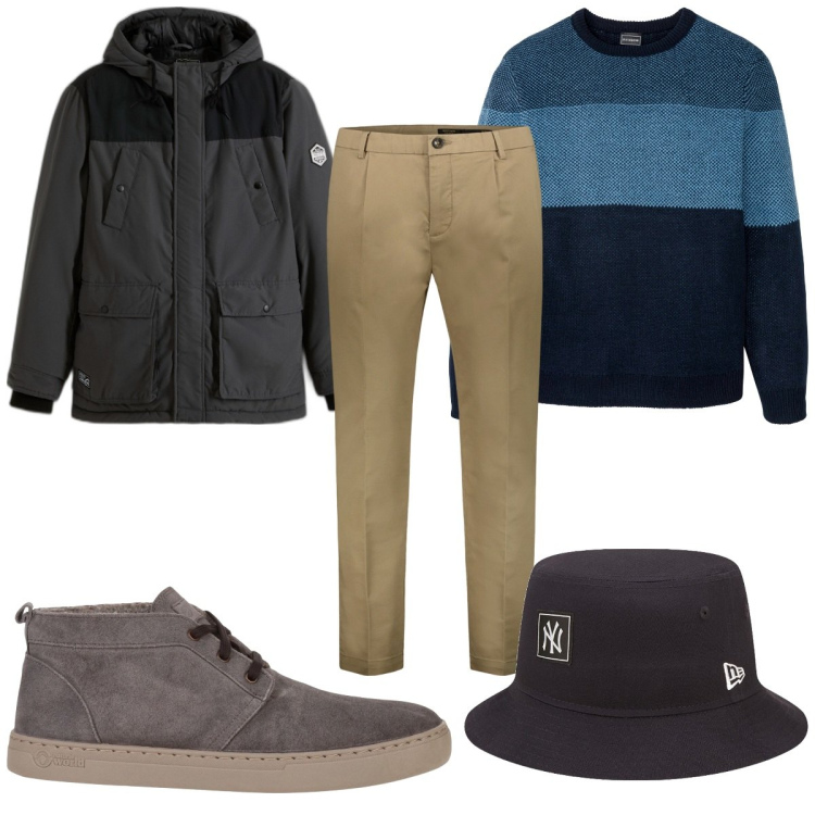 Outfit uomo - Total look #1808553. Stile Casual per Tutti i giorni. Abbinamento con maglieria, piumini, stivali e stivaletti, cappelli, pantaloni.