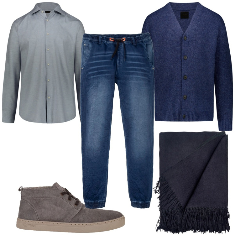 Outfit uomo - Total look #1808554. Stile Casual per Tutti i giorni. Abbinamento con jeans dritti, stivali e stivaletti, cardigans, camicie, sciarpe.