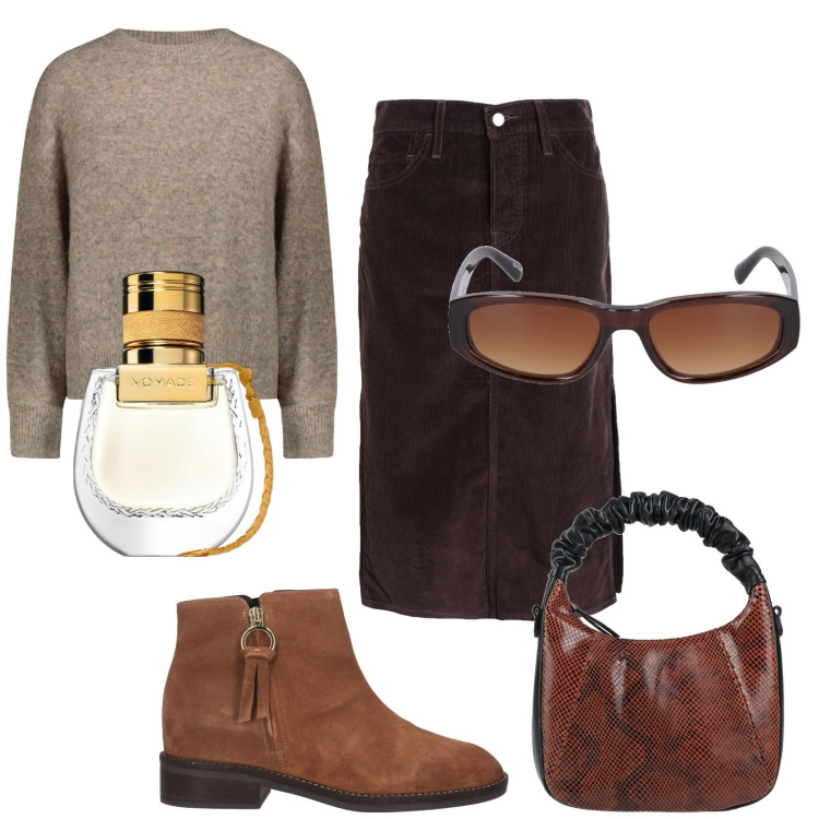 Outfit donna - Total look #1808560. Stile Trendy per Tutti i giorni. Abbinamento con gonne longuette, borse a mano, stivaletti, profumi, maglieria, occhiali da sole.