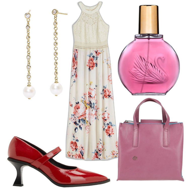 Outfit donna - Total look #1808568. Stile Trendy per Serata fuori. Abbinamento con borse a mano, décolleté, vestiti lunghi, profumi, orecchini.