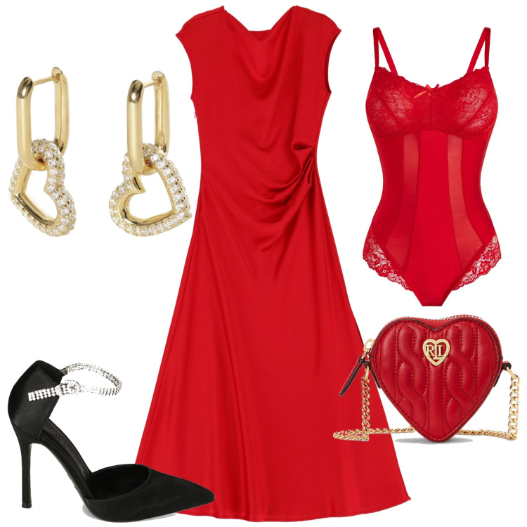 Outfit donna - Valentine day. Stile Chic per Serata fuori. Abbinamento con body, orecchini, vestiti midi/longuette, décolleté, pochette.