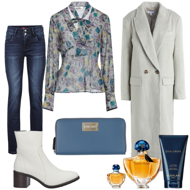 Outfit donna - Total look #1808580. Stile Casual chic per Tutti i giorni. Abbinamento con jeans, top, cappotti, stivaletti, portafogli, profumi.