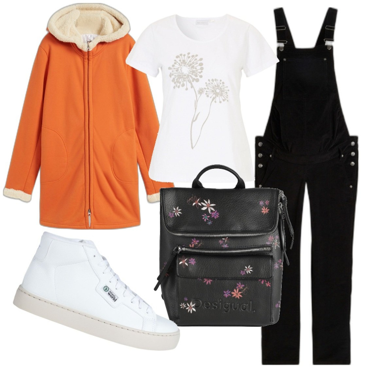 Outfit donna - La nostalgia della salopette. Stile Casual per Tutti i giorni. Abbinamento con t-shirt, felpe, salopette, zaini, sneakers alte.
