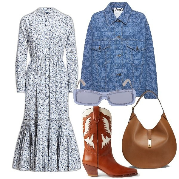 Outfit donna - Abito lungo a fiorellini. Stile Romantica per Tutti i giorni. Abbinamento con borse a spalla, stivaletti texani, vestiti, cappotti, occhiali da sole.