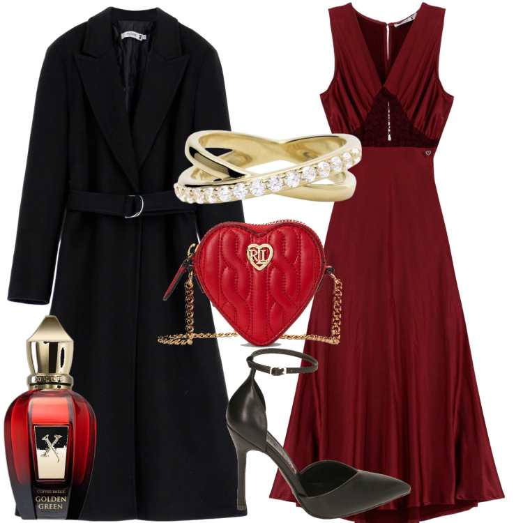 Outfit donna - Celebrate. Stile Glamour per Serata fuori. Abbinamento con profumi, anelli, vestiti midi/longuette, cappotti, décolleté, pochette.