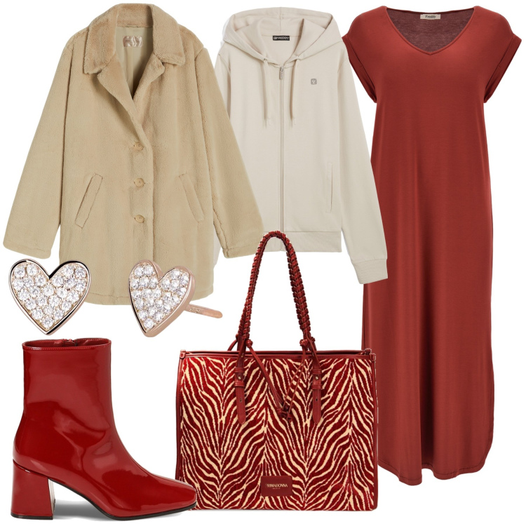 Outfit donna - Freddy in love. Stile Trendy per Tutti i giorni. Abbinamento con orecchini, cappotti, vestiti midi/longuette, felpe con cappuccio, stivaletti, borse a spalla.