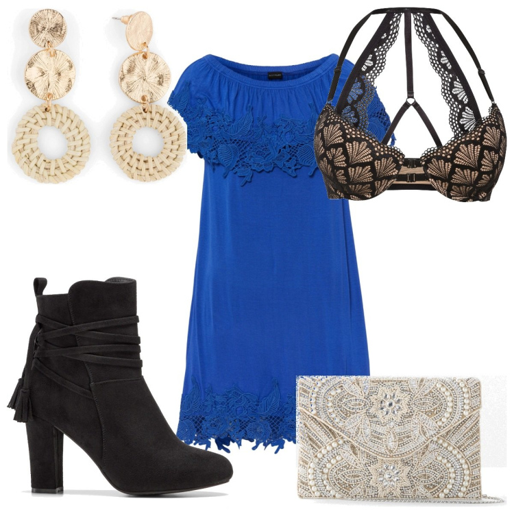 Outfit donna - San Valentino boho. Stile Boho per Serata fuori. Abbinamento con pochette, orecchini, vestiti, stivaletti, reggiseni.
