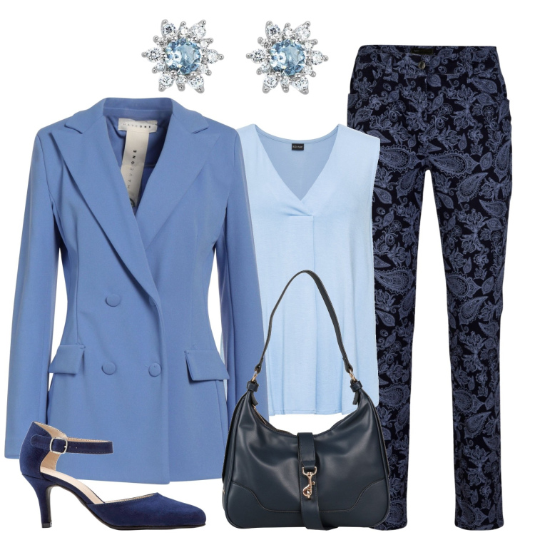 Outfit donna - Rapsody In blu. Stile Romantica per Tutti i giorni. Abbinamento con décolleté, top, pantaloni, blazer, borse a spalla, orecchini.