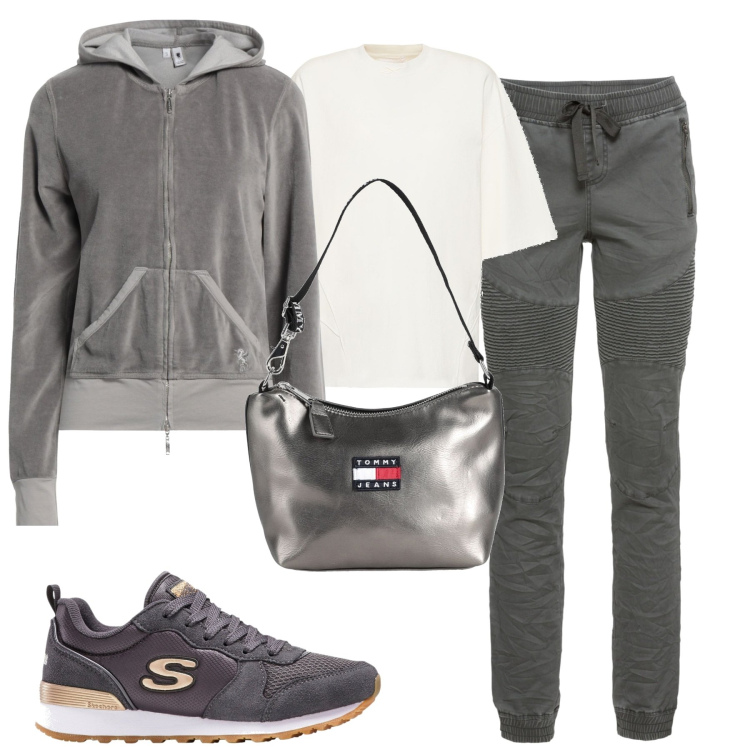 Outfit donna - City. Stile Casual per Tutti i giorni. Abbinamento con pantaloni sportivi, sneakers, borse a mano, felpe con cappuccio, t-shirt.
